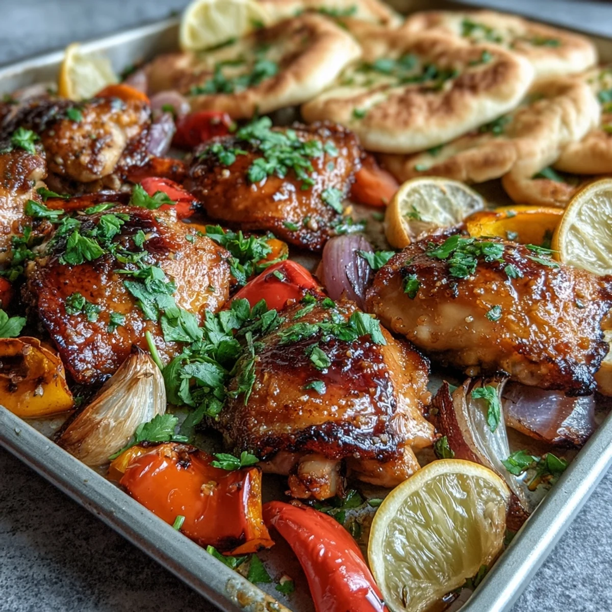 Golden-brown chicken thighs and bell peppers roasted on a sheet pan, brushed with honey garlic glaze, alongside warm naan bread.
