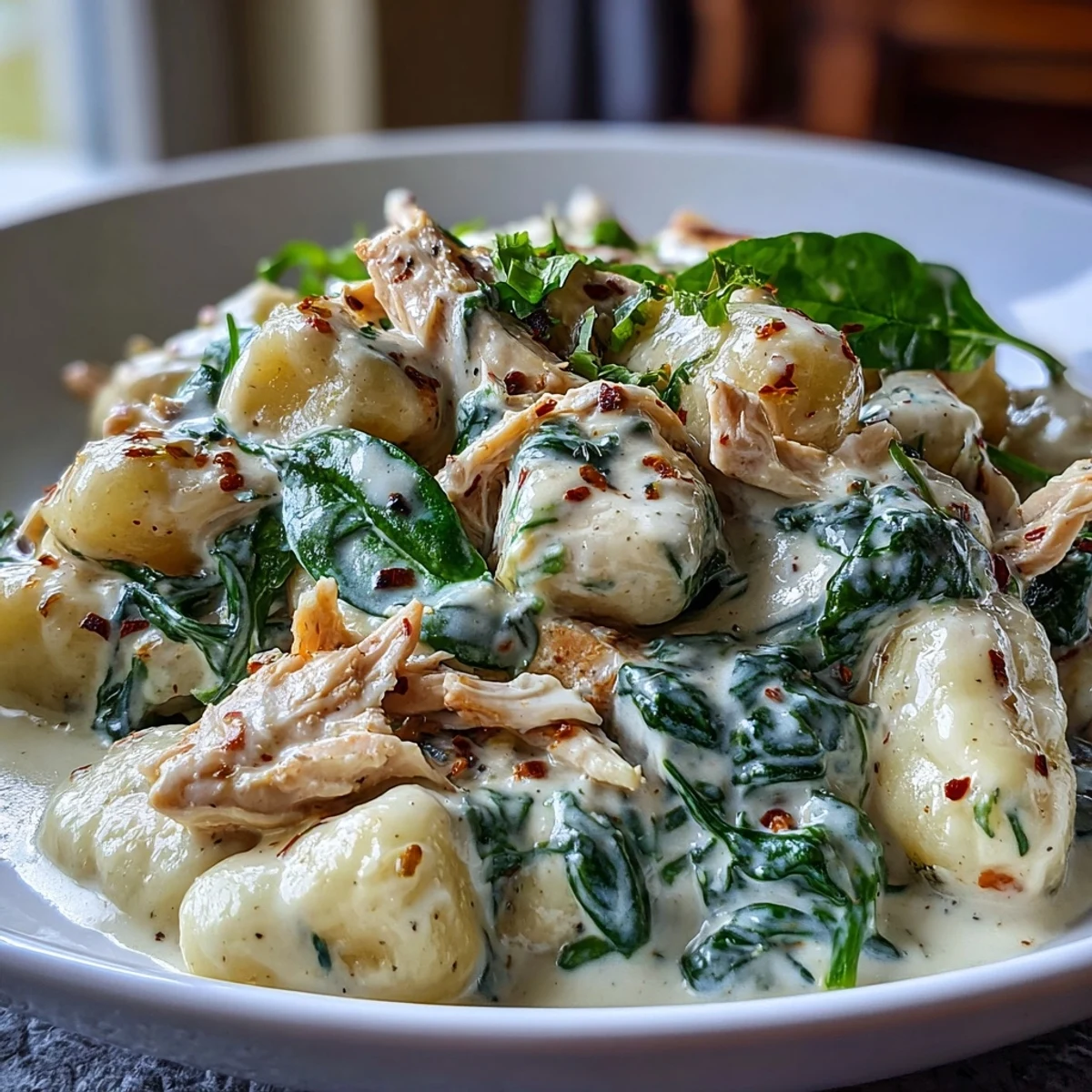 Assiette généreuse de gnocchi à la crème, poulet et épinards, garnie de copeaux de Parmesan frais et prête à déguster.