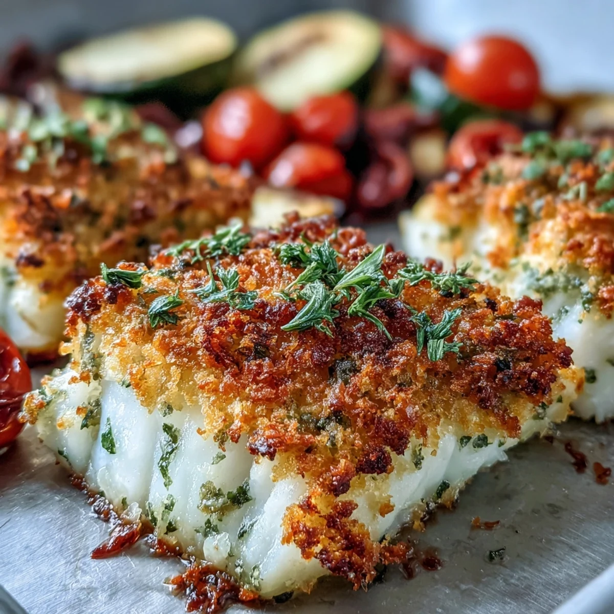 Poisson pané au parmesan et légumes rôtis sur une plaque, croustillant et doré, servi avec une sauce citronnée pour un dîner savoureux et sain