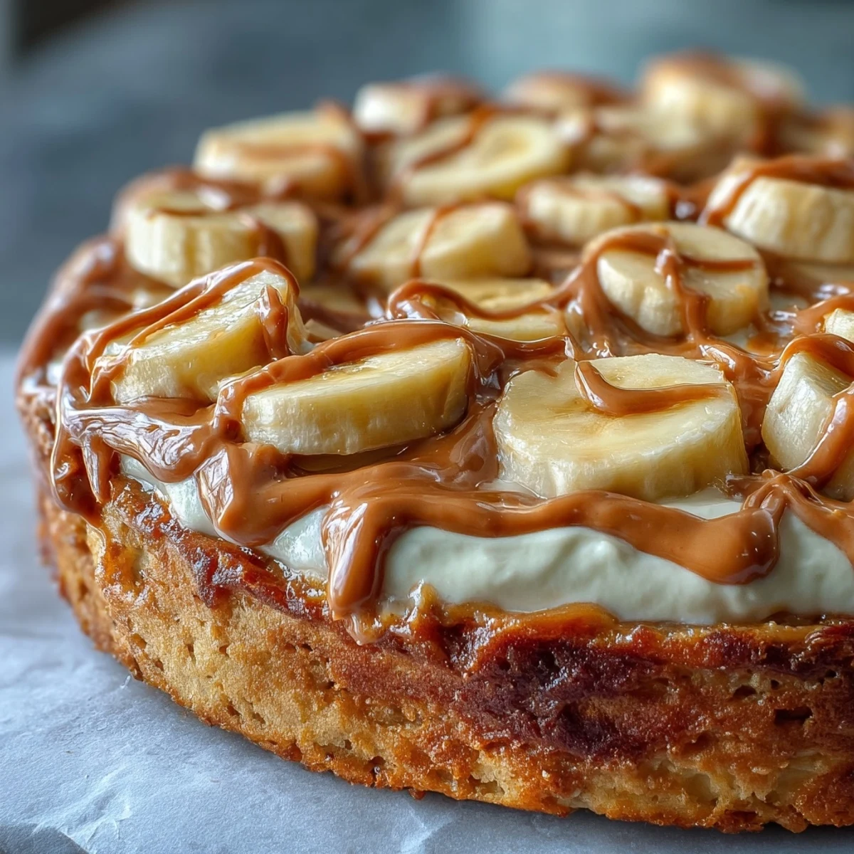 Une portion généreuse de High-Protein Breakfast Pizza Bowl nappée de sauce beurre de cacahuète fondante.