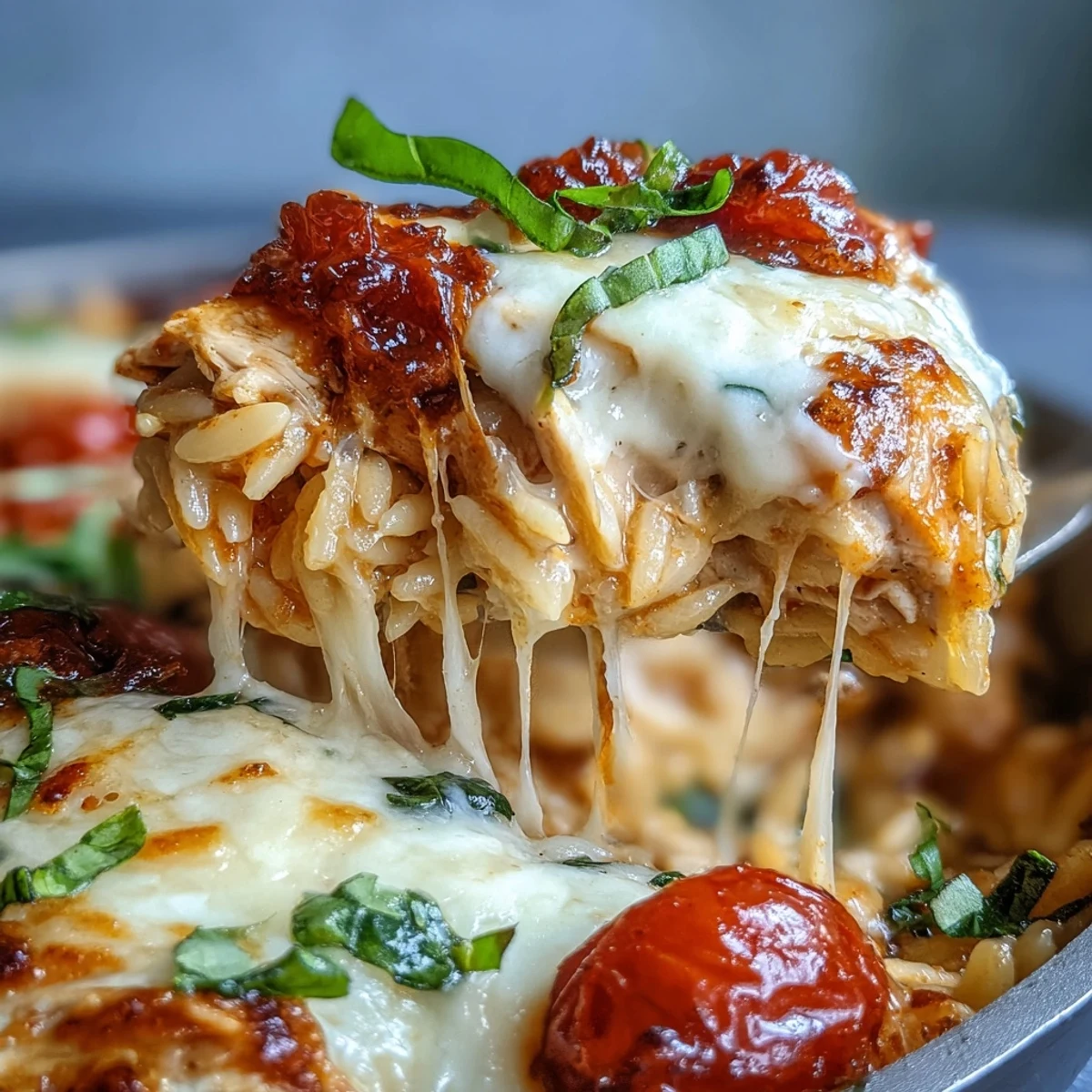 Quick One-Pan Creamy Chicken Lasagna Orzo with tomatoes, Parmesan, and steam rising