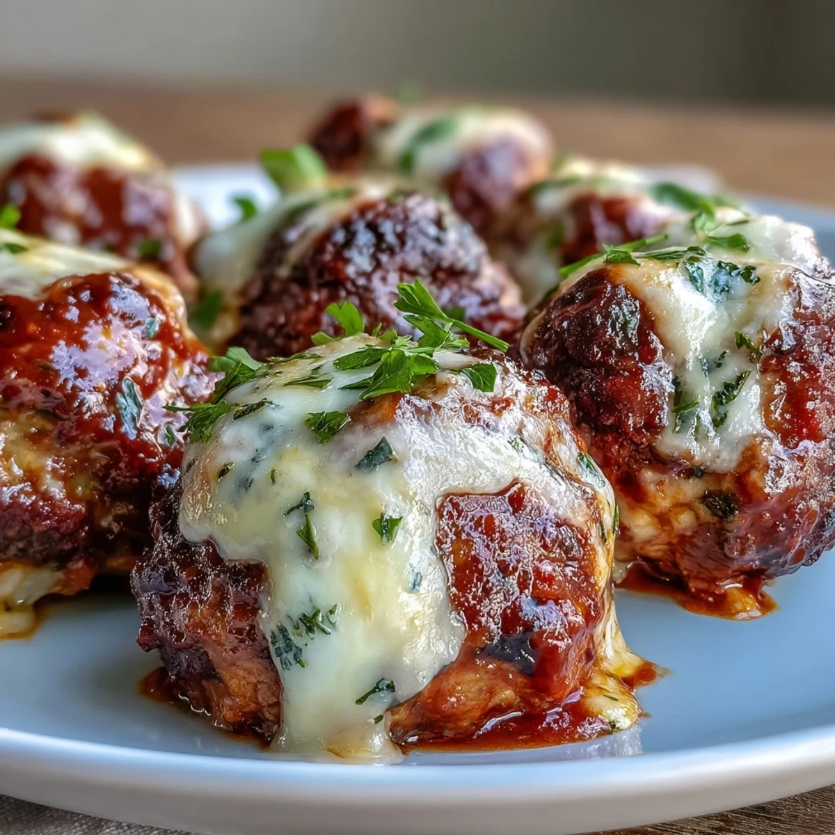 Baked spicy chicken Parm meatballs in a skillet with marinara and melted mozzarella, perfect for scooping onto crusty garlic bread.