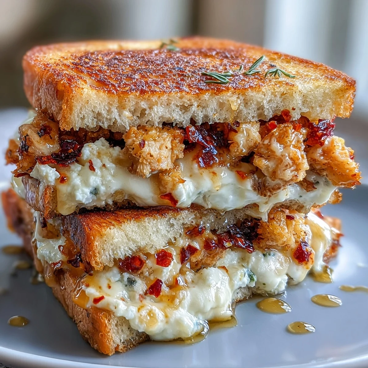 Goat Cheese & Hot Honey Chicken Grilled Cheese sandwich on sourdough, golden and crispy, served with a simple green salad.