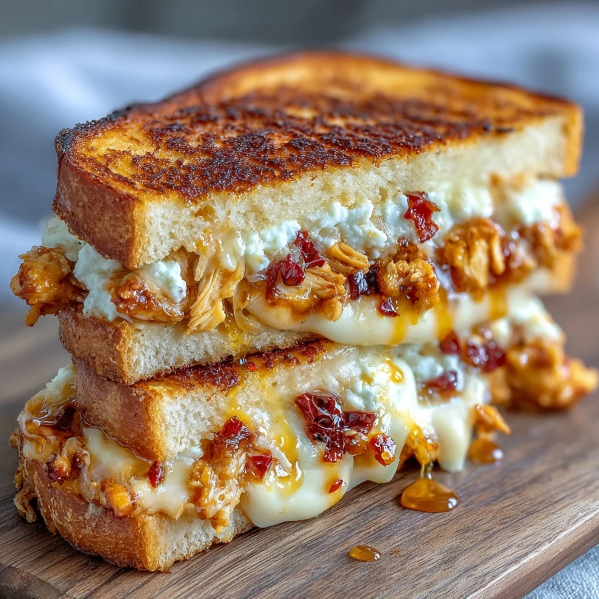 Melty Goat Cheese & Hot Honey Chicken Grilled Cheese on buttery sourdough with chili flakes, sliced in half to show juicy chicken.