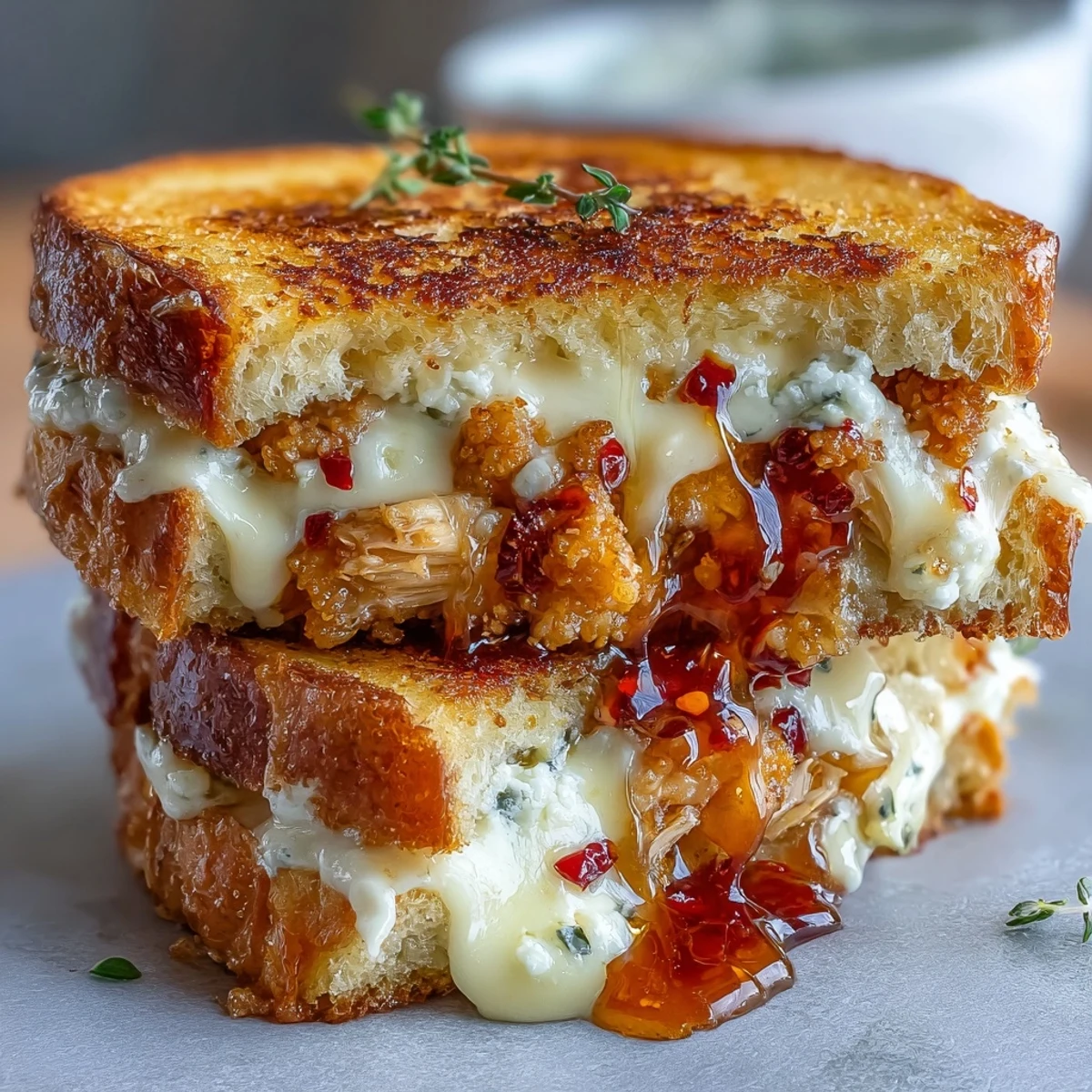 A toasted Goat Cheese & Hot Honey Chicken Grilled Cheese plated with tomato soup for dipping, steam rising from the golden crust.