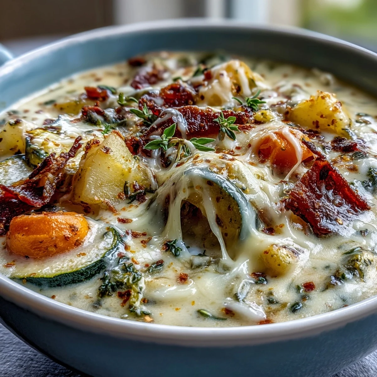 Une portion généreuse de soupe crémeuse à l'ail et au parmesan recouverte de copeaux de fromage et de poivre noir moulu.