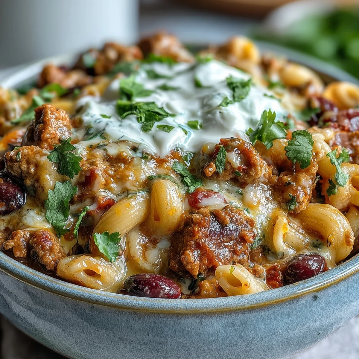 Baked Ranch Turkey Chili Mac sortant du four, avec du fromage cheddar doré et bulleux, des pâtes macaroni et du hachis de dinde.