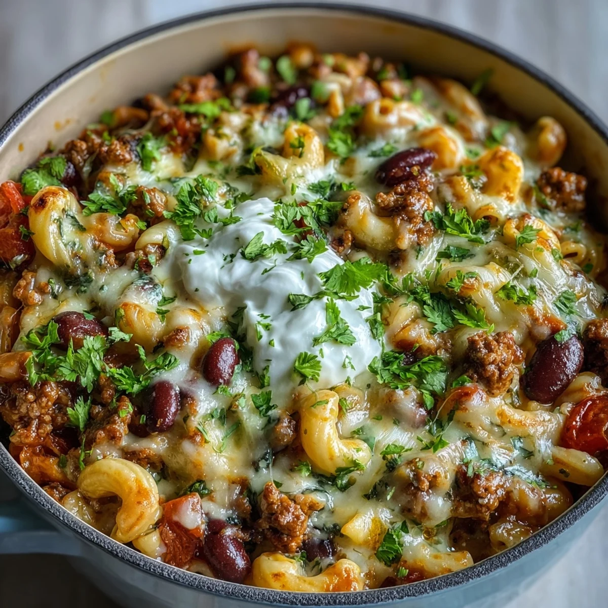 Une portion généreuse de Baked Ranch Turkey Chili Mac, garnie de coriandre fraîche hachée et d'une cuillère de crème fraîche.