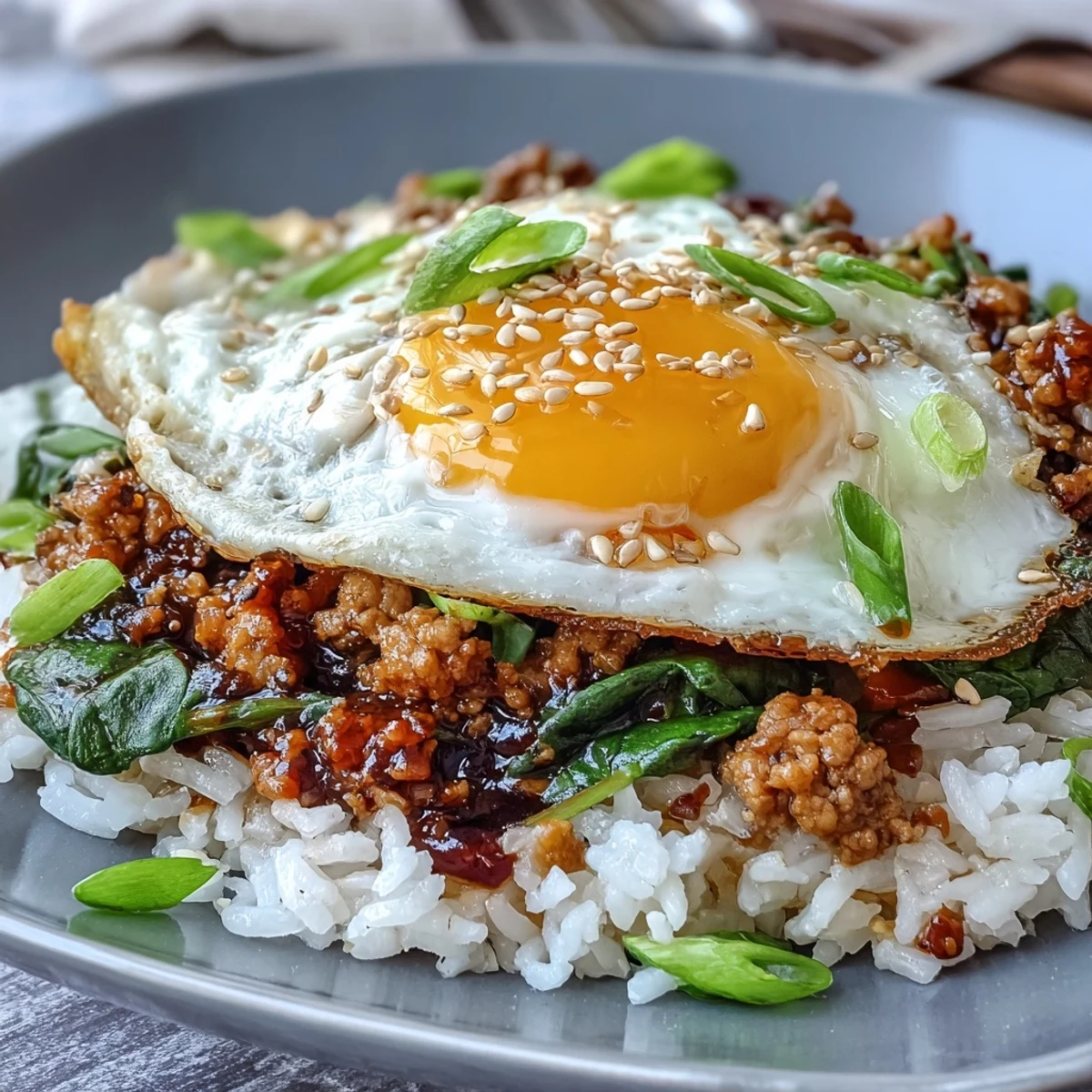 Creamy Korean Turkey Rice Skillet with jammy egg and scallions in a skillet