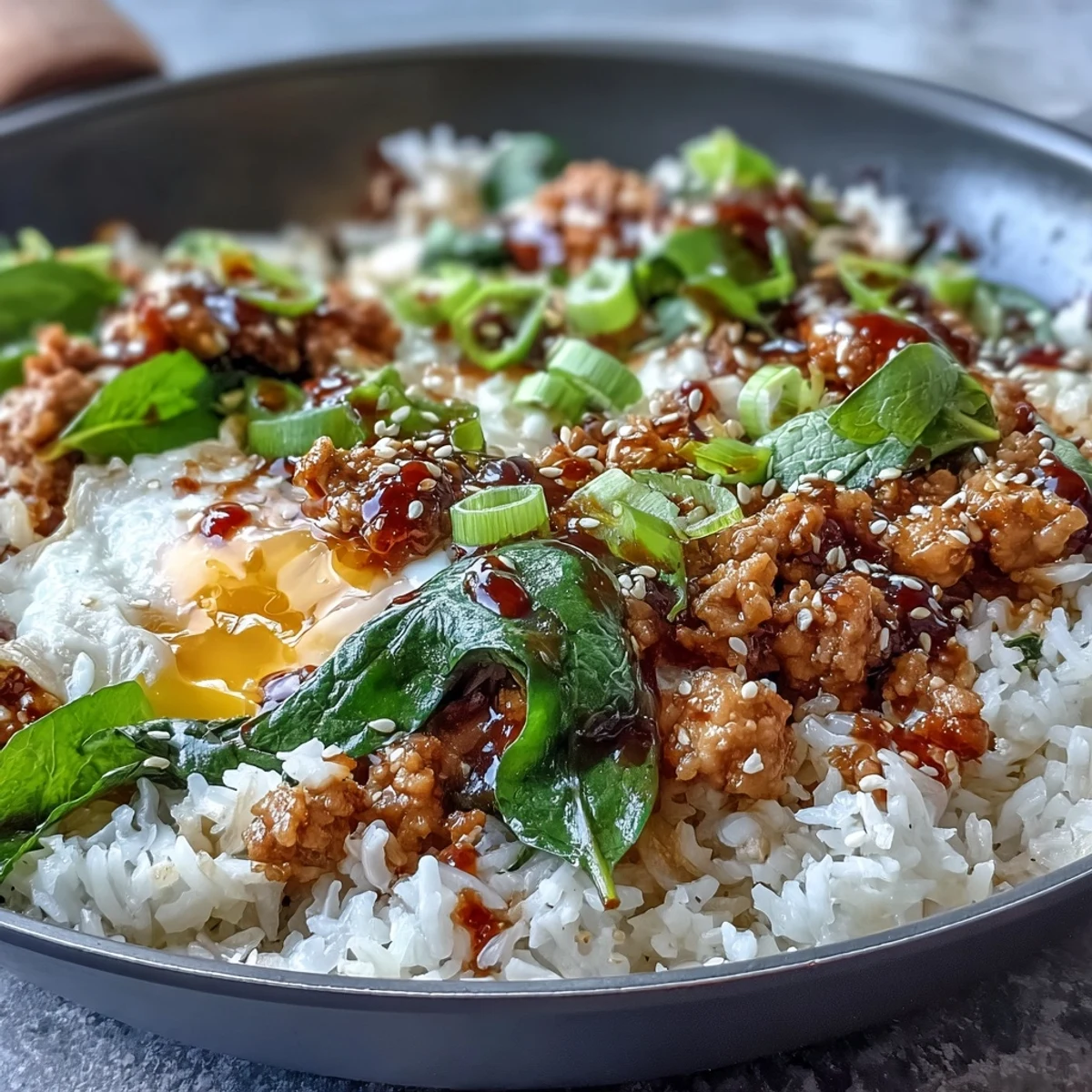 A steaming Creamy Korean Turkey Rice Skillet served in a bowl with spinach and carrots