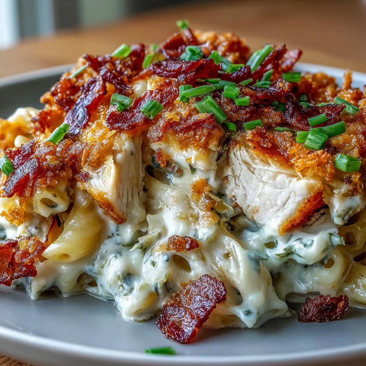 Creamy Jalapeño Popper Chicken Pasta served in a white bowl topped with crispy bacon, extra jalapeño slices, and fresh parsley.