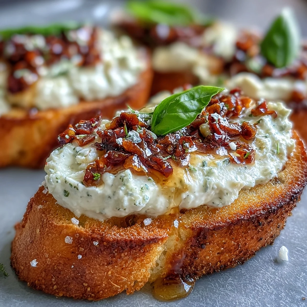 Hot Honey Ricotta Bruschetta sur tranche de baguette croustillante, garnie de ricotta crémeuse, de miel épicé et de chili crunch.