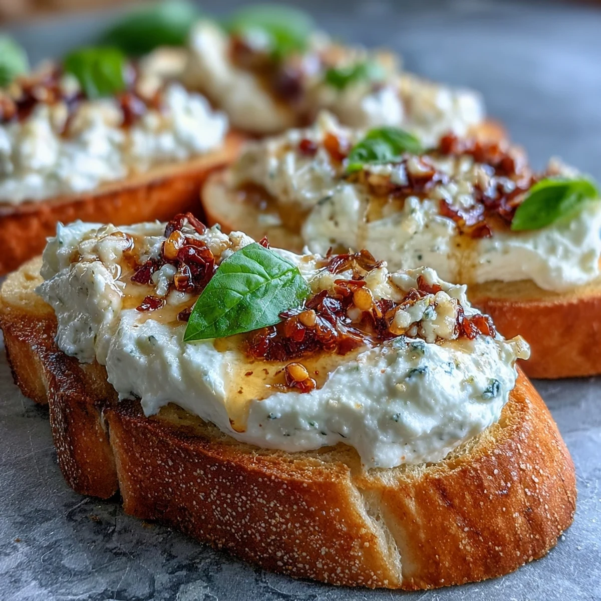 Appétit à base de Hot Honey Ricotta Bruschetta croustillante, drizzlée de miel chaud et parfumée à la ricotta et zest de citron.