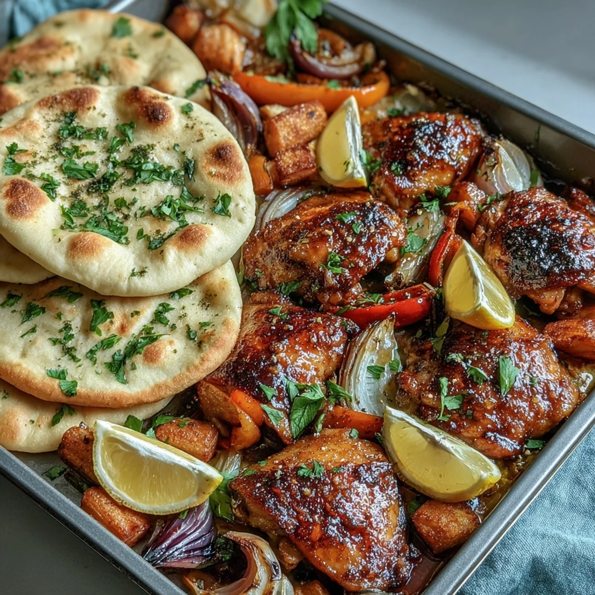 A close-up of juicy glazed chicken and charred vegetables from the Sheet Pan Honey Garlic Chicken & Naan, ready to serve.