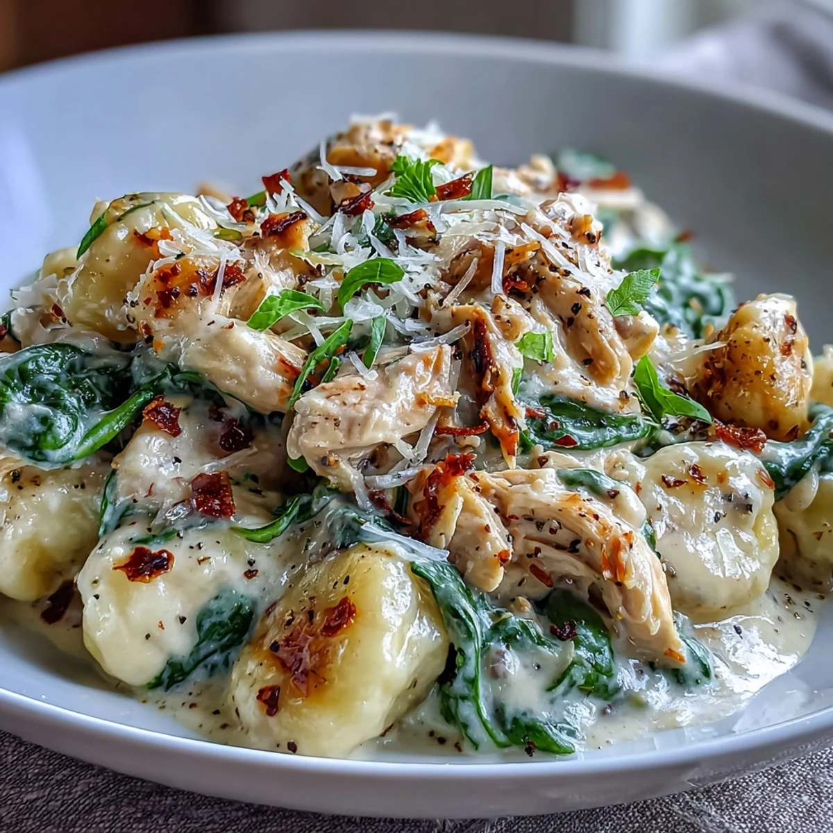 Gnocchi, poulet et épinards dans une sauce crémeuse à la parmesan, garnis de persil frais.