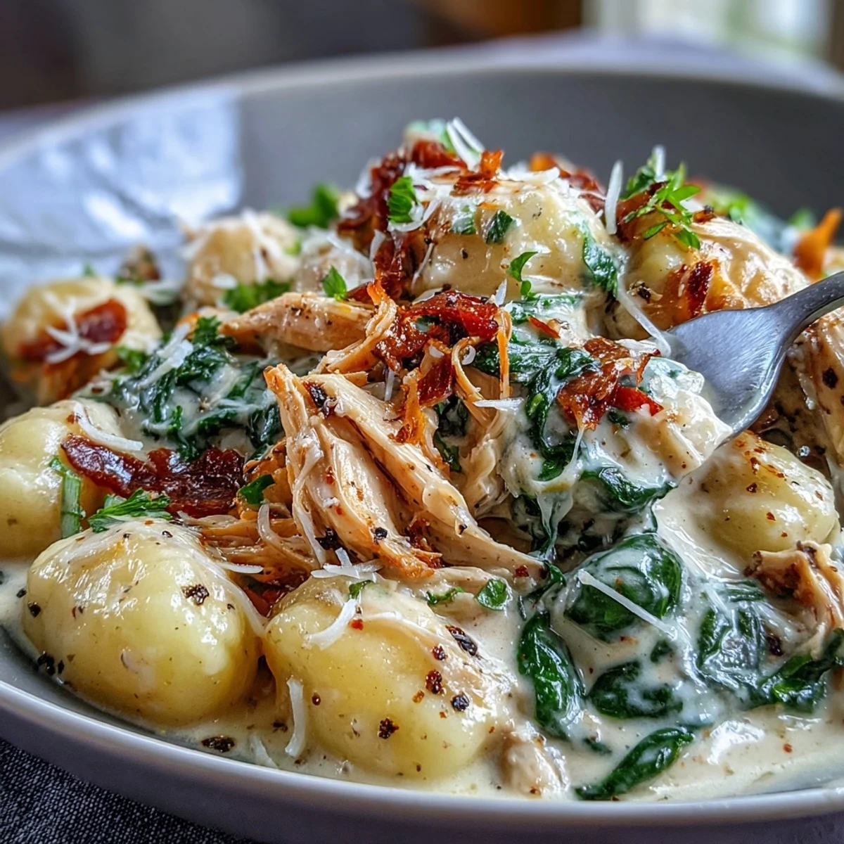 Plat réconfortant de gnocchi et poulet dans une sauce parmesan crémeuse, avec épinards et croûtons.