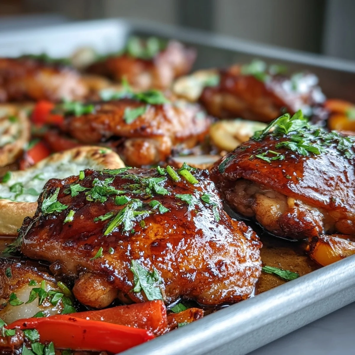 A close-up of Sheet Pan Honey Garlic Chicken & naan, garnished with fresh cilantro for a weeknight family dinner.