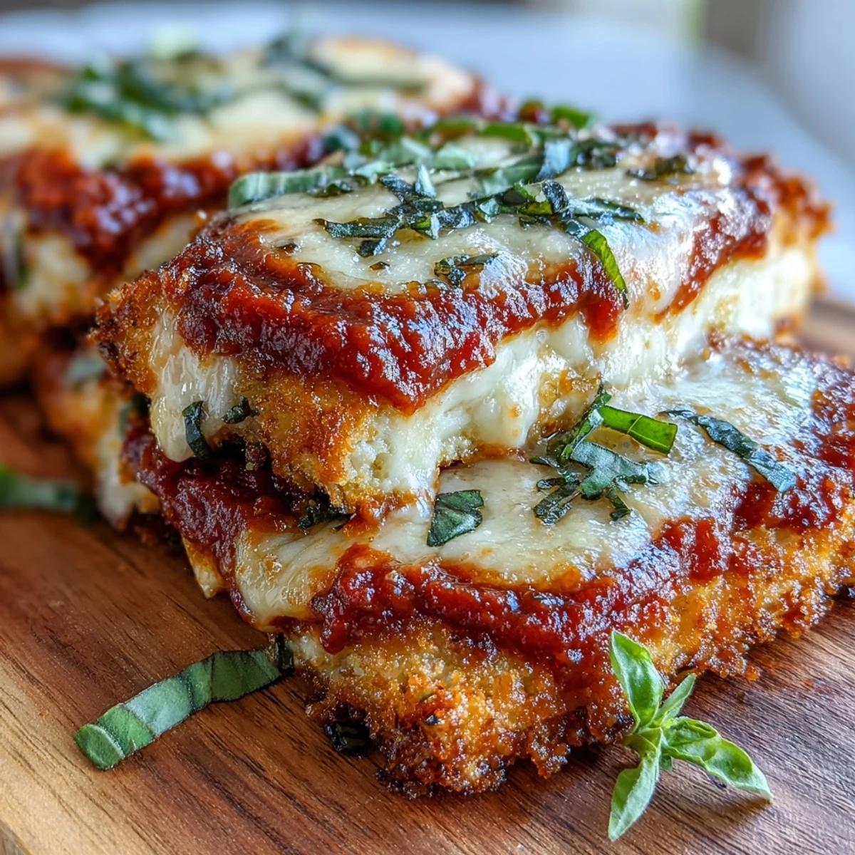 Panne dorée du Crispy Tofu Chicken Parm Bakes, avec une chapelure à l'Asiago et du fromage fondu, parfait pour les végétariens.