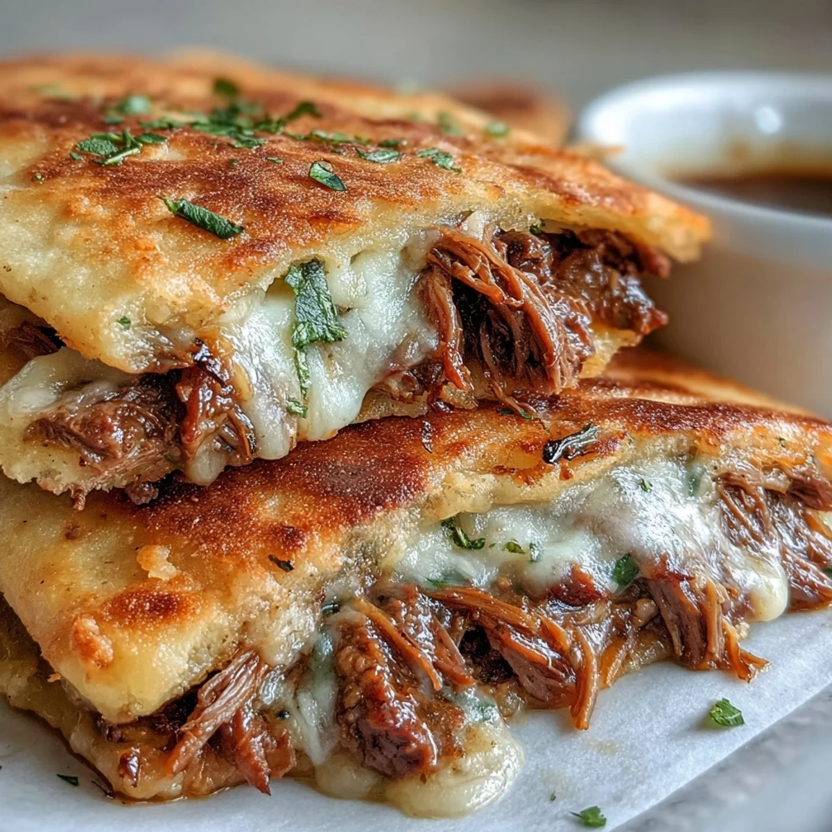 Fusion Slow Cooker Beef & Garlic Naan Melt broilé doré servie avec un jus riche pour tremper