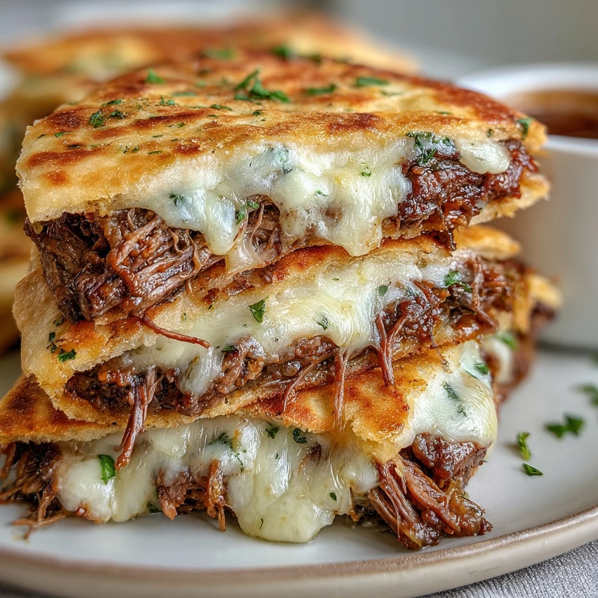 Slow Cooker Beef & Garlic Naan Melt fondant avec du bœuf effiloché et du fromage fondant