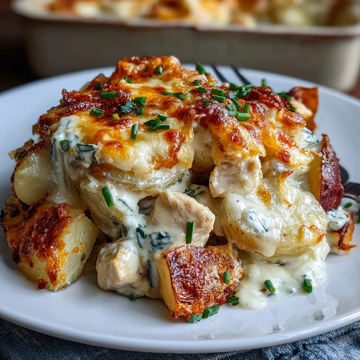 Creamy Ranch Chicken Potato Bake cuit au four avec des pommes de terre fondantes et du poulet tendre