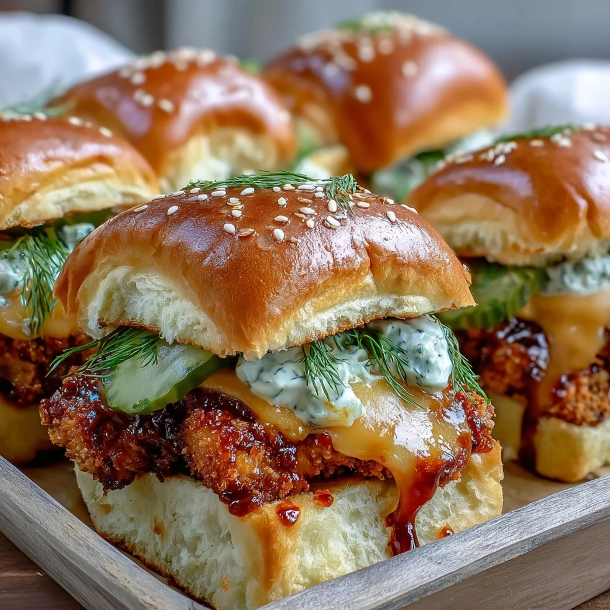 Golden slider buns stuffed with crunchy tenders, sharp cheddar, and dill pickles, smothered in a sticky spicy glaze. Spicy Honey Butter Chicken Sandwich Bake.