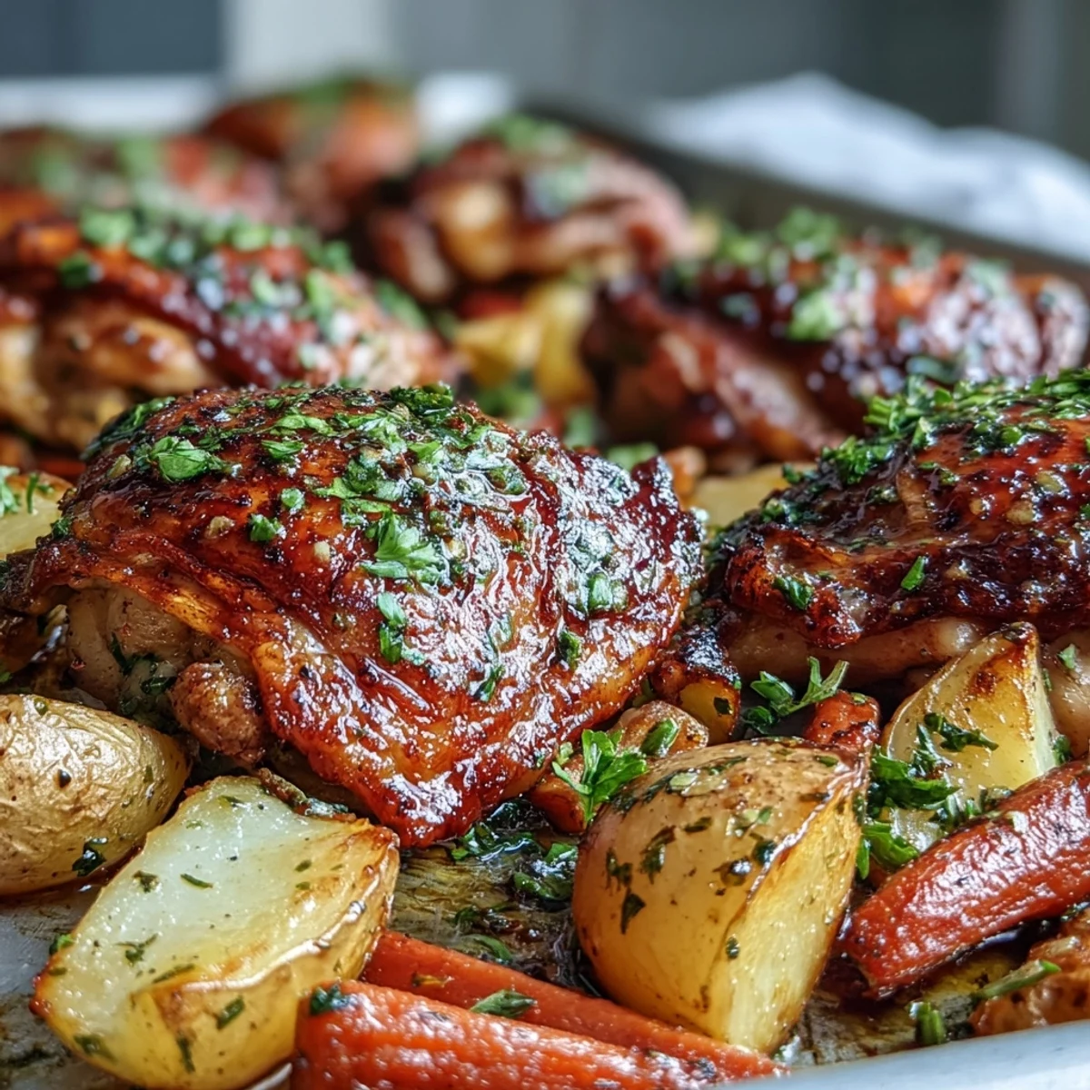 Crispy Ranch Sheet Pan Chicken & Veggies présentés sur une seule plaque dorée et croustillante.