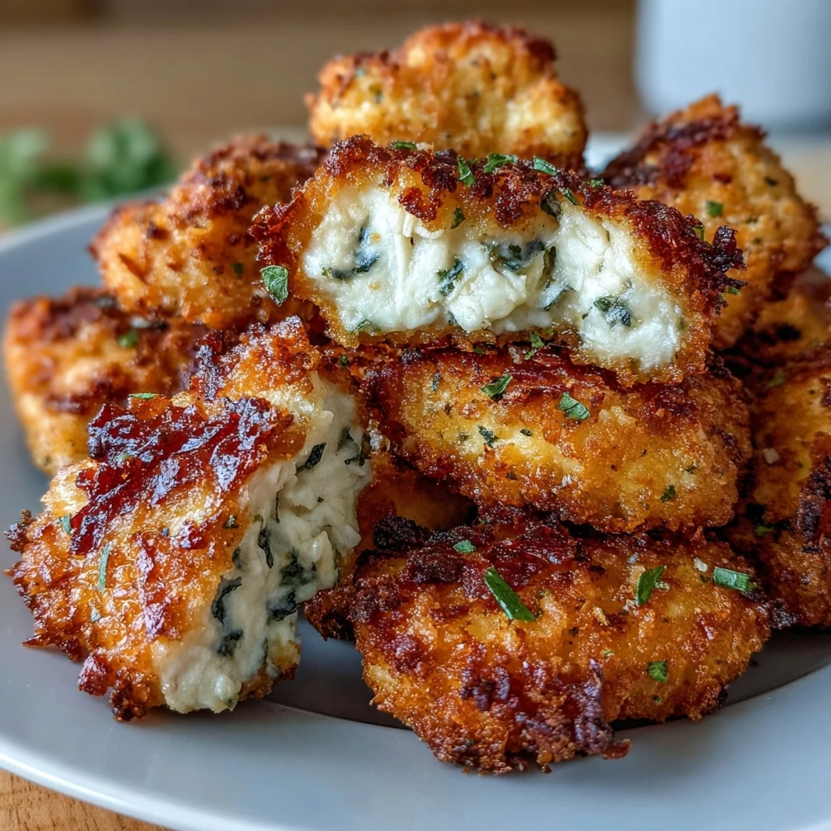 Bouchées de poulet Asiago Panko dorées et croustillantes posées sur une salade verte croquante et des tomates cerises.