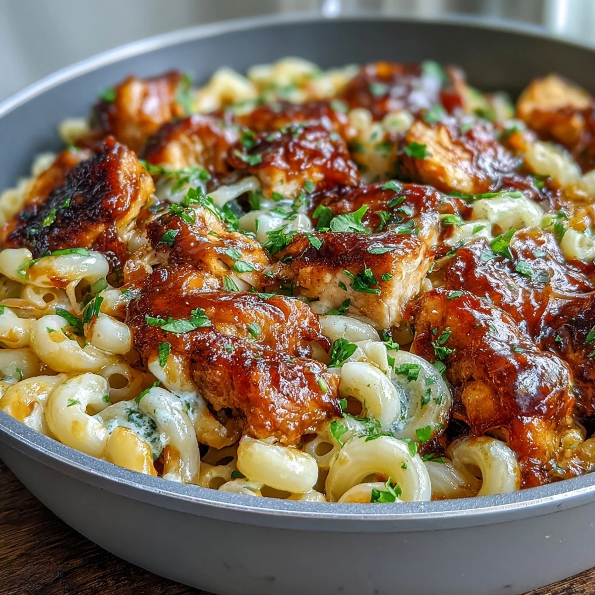 Garni de oignons verts, le Sticky Honey BBQ Chicken Pasta Skillet fumant présente des morceaux de poulet enrobés d'une sauce collante au barbecue et miel sur des pâtes crémeuses au cheddar.