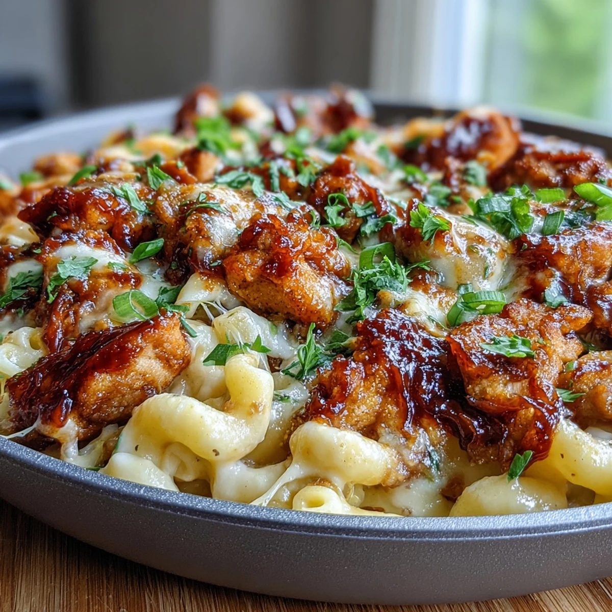 Dans une poêle, du poulet sauté nappé de sauce barbecue au miel est mélangé à des macaronis fondants au cheddar, formant un plat principal américaine réconfortant et savoureux.