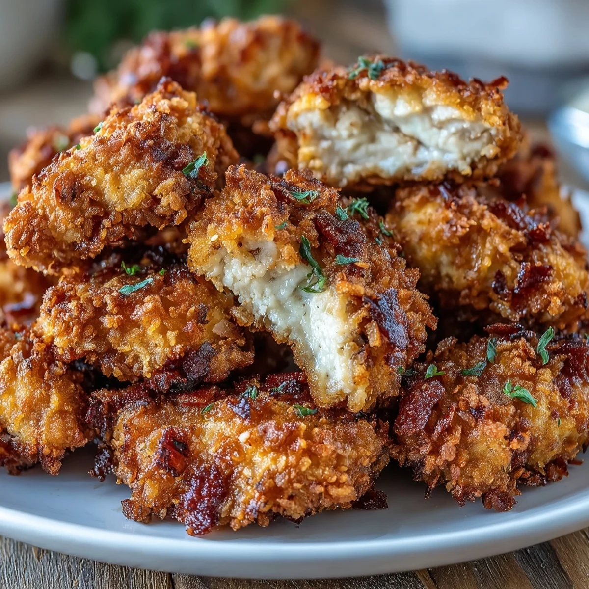 Croustillantes et dorées, ces bouchées de poulet Asiago Panko sont présentées sur un plateau, prêtes à être dégustées avec une sauce.