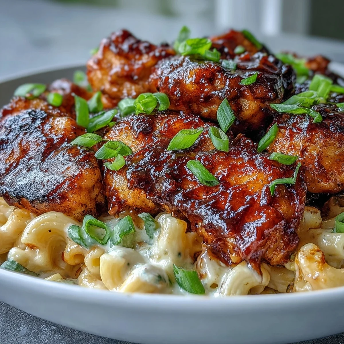 Poulet en morceaux nappé de sauce barbecue au miel, mélangé à des macaroni crémeux dans une poêle prête à servir.