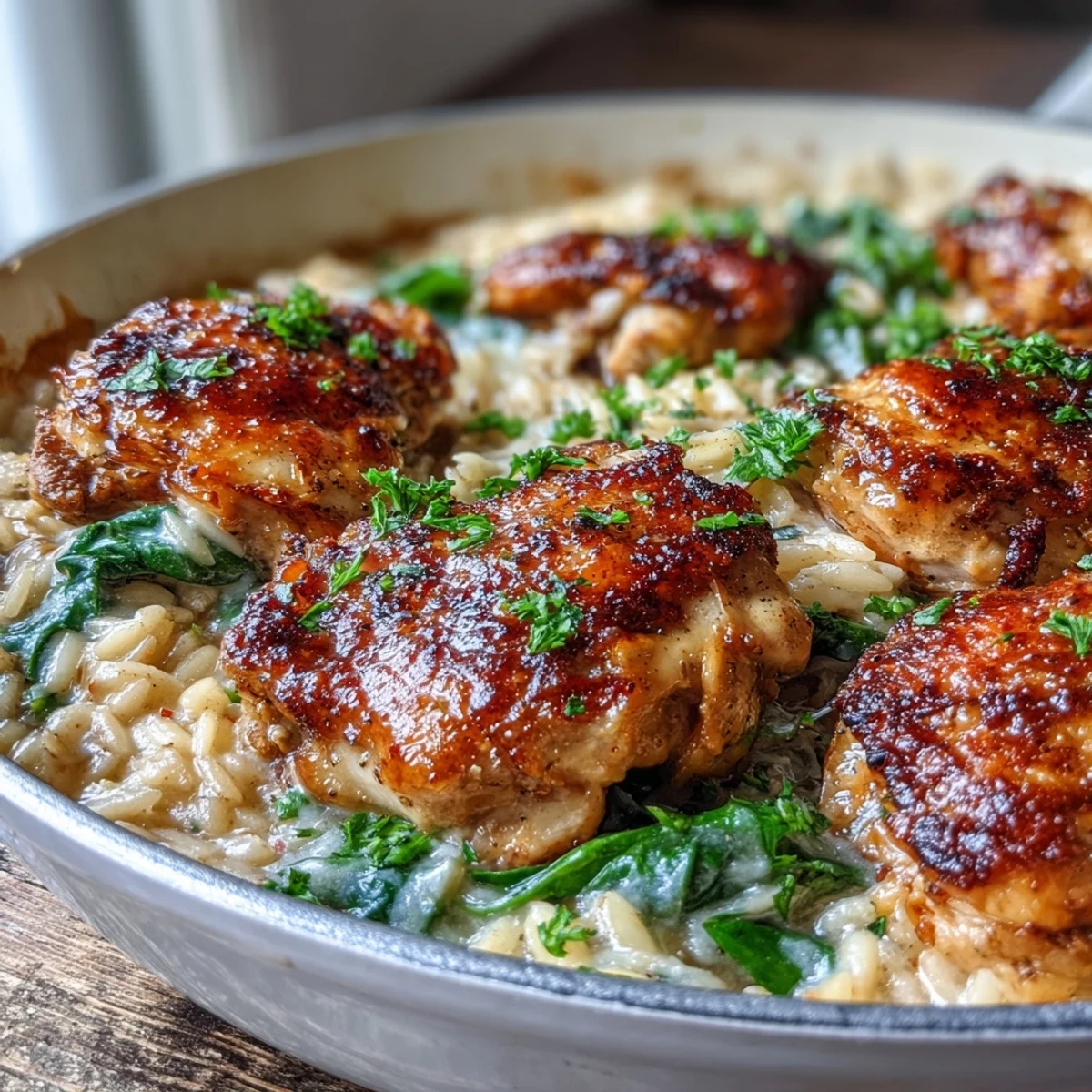 Service de One-Pot Creamy Garlic Parmesan Chicken Orzo garni de persil frais, une spécialité facile et copieuse parfaite pour dîner américain.