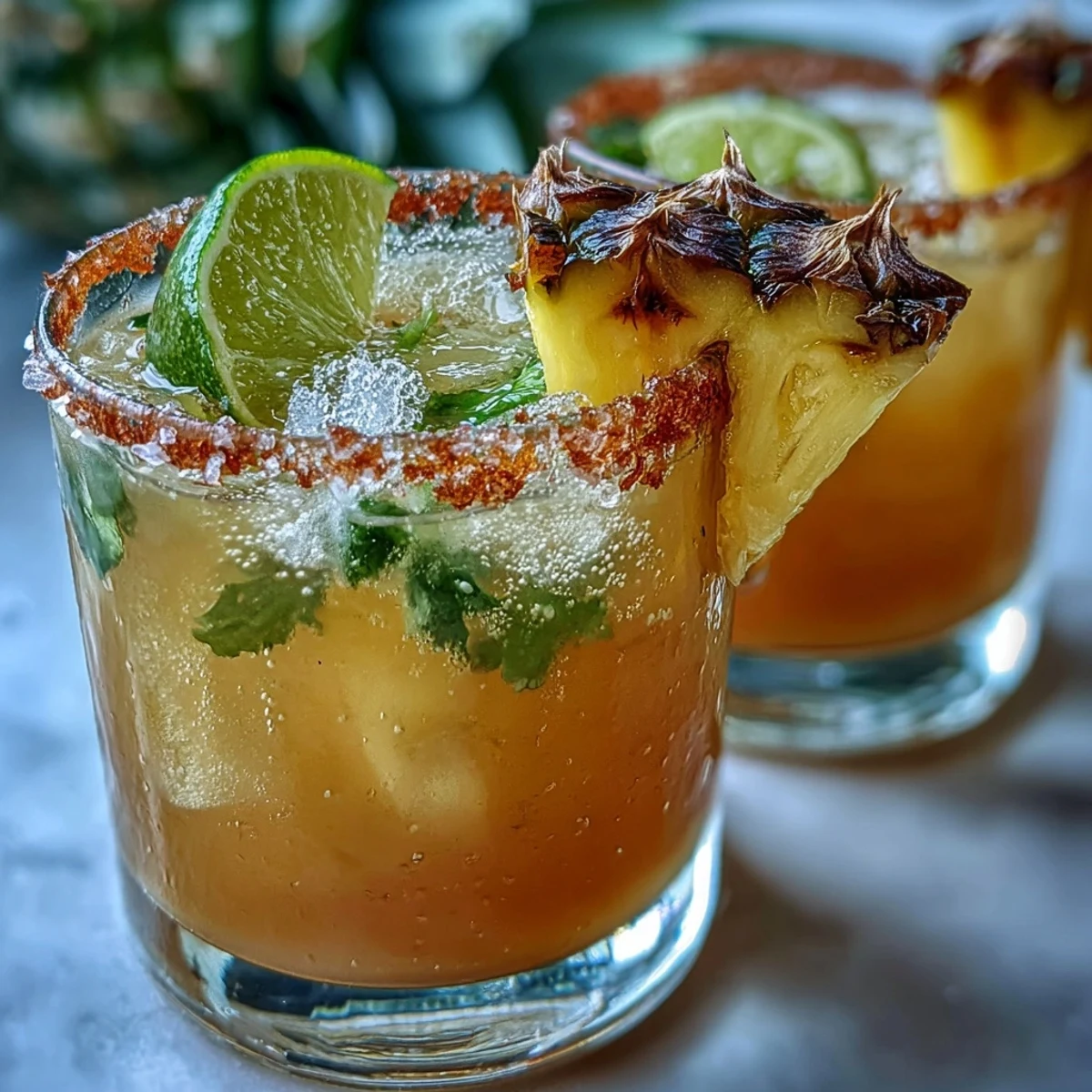 Fresh pineapple margarita mocktail poured into a salt-rimmed glass over ice with a lime wedge garnish.
