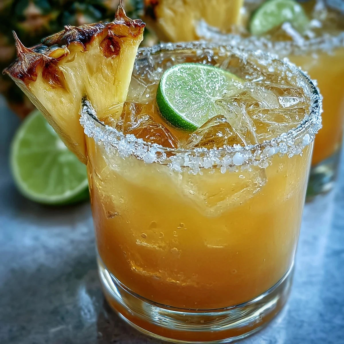 Pineapple margarita mocktail served in chilled glasses, bright lime and pineapple slices for a tropical sip.