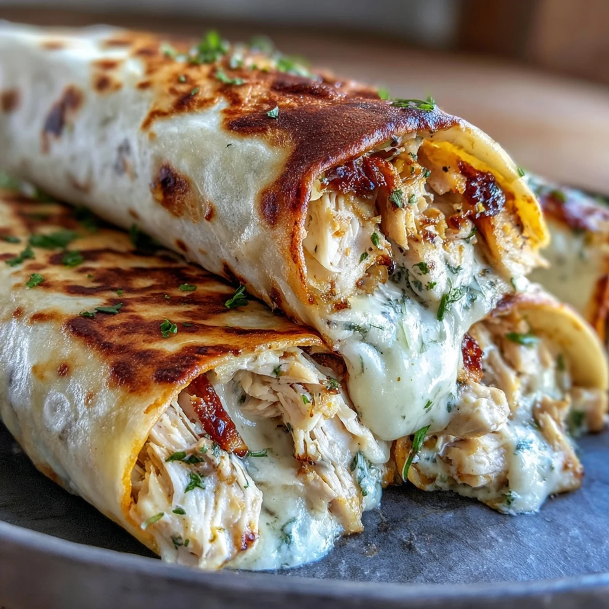 Coupe des Low Carb Cheesy Garlic Chicken Wraps révélant une garniture crémeuse au fromage et du poulet savoureux dedans.