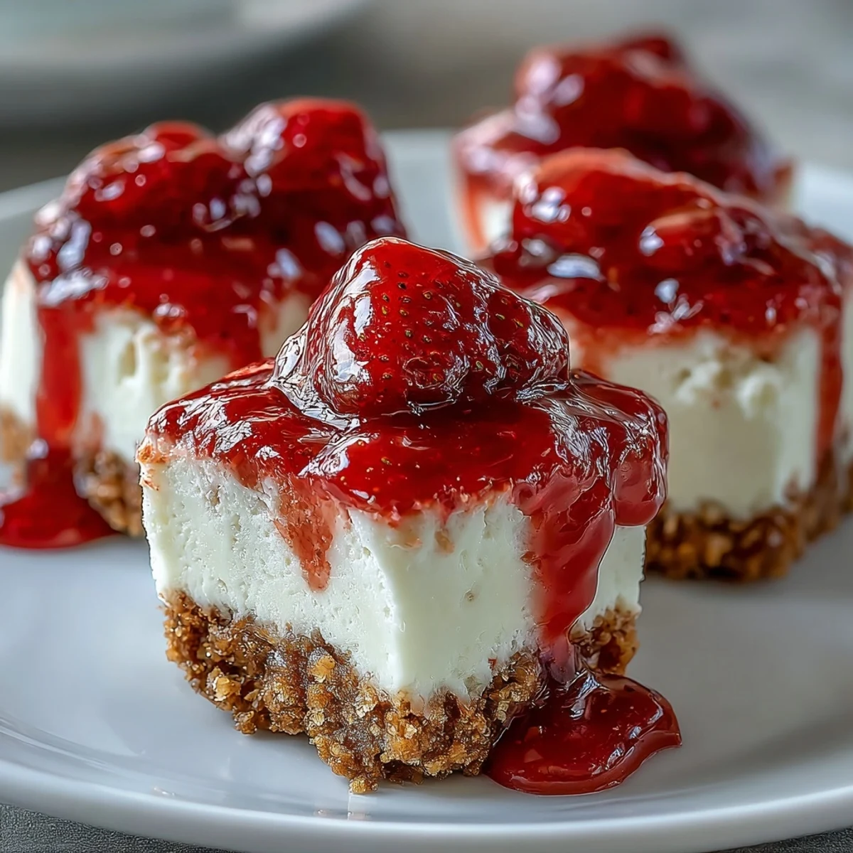 Des High Protein Healthy Strawberry Cheesecake Bites dorées au four, l'intérieur crémeux et la garniture rouge de fraises gorgées de jus.