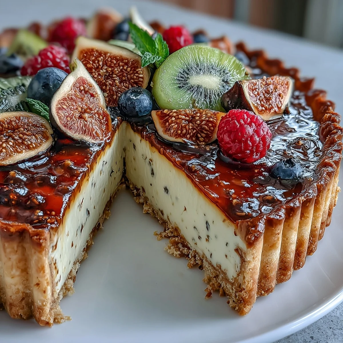 Tarte à la crème au cardamome dorée avec fruits frais et croustillant beurré.