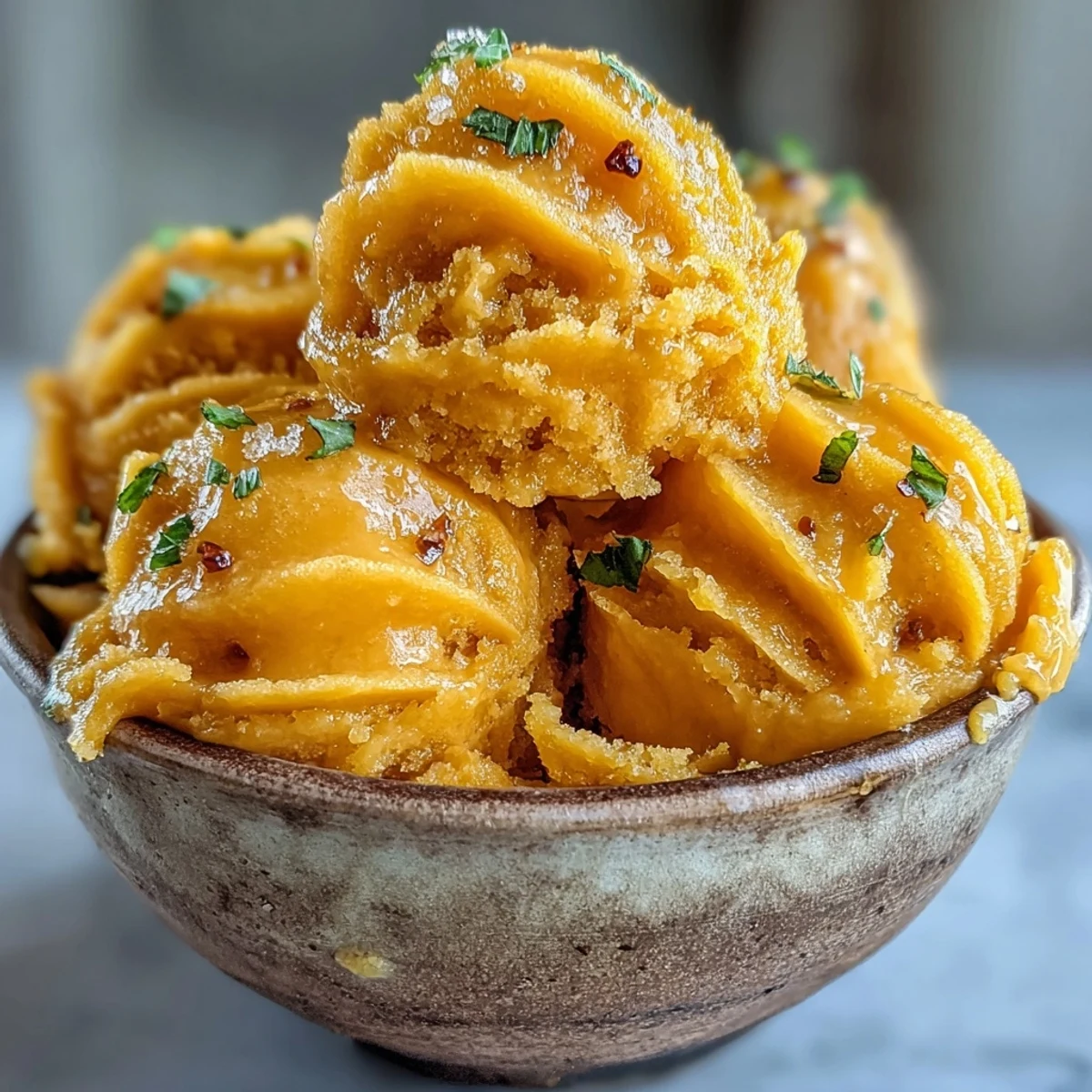 Creamy mango sorbet scoops in a white bowl with fresh mint garnish