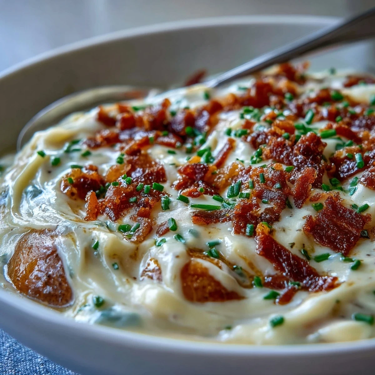 Creamy Baked Potato Soup served in a white bowl with a crusty baguette and cheddar garnish.