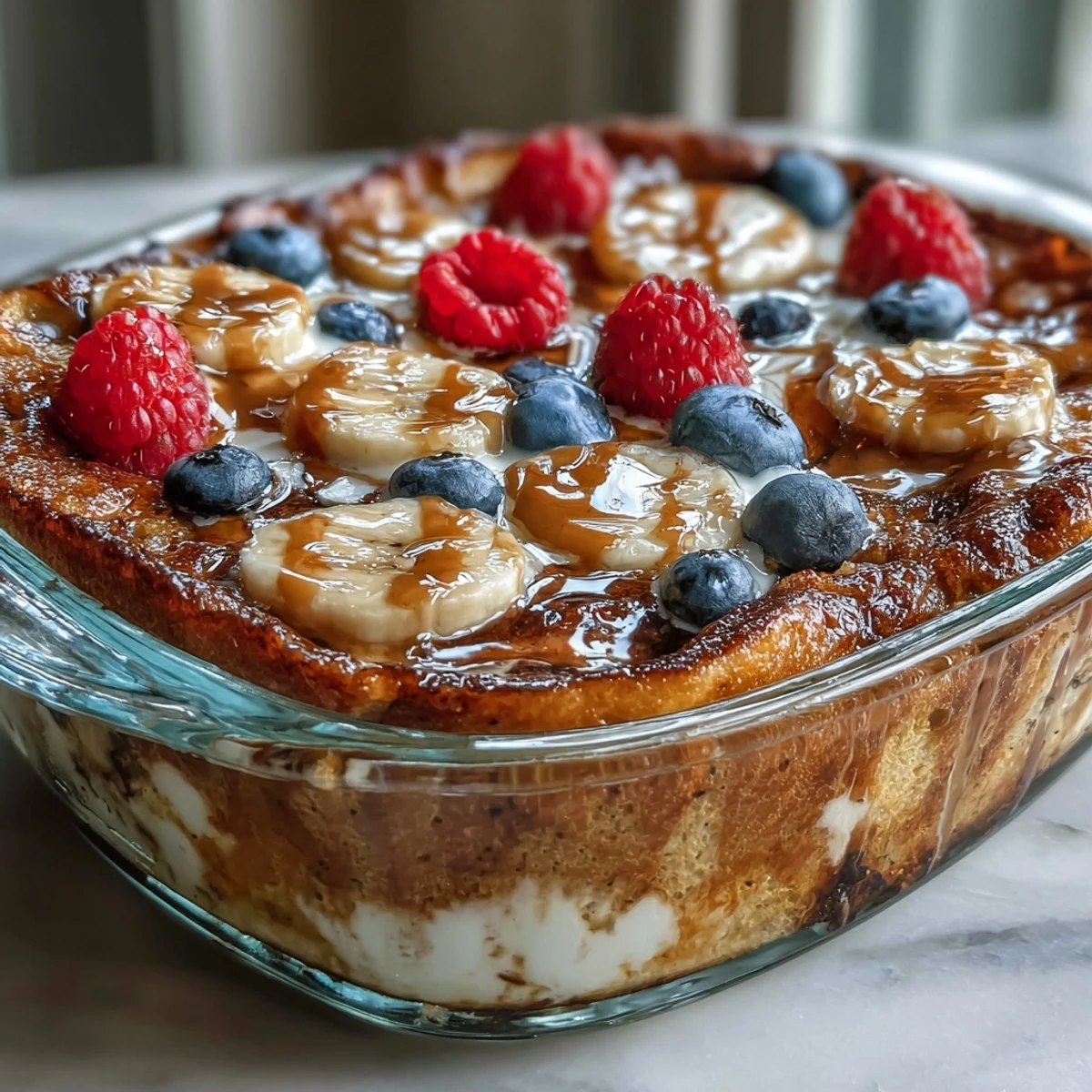 Baked Protein Pancake Bowl sortant du four, bien dorée et moelleuse, garnie de fruits rouges frais et de copeaux de chocolat fondus.