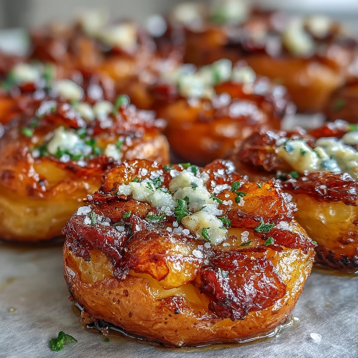 Golden smashed garlic potatoes roasted to crispy perfection, drizzled with fragrant garlic oil and fleur de sel.