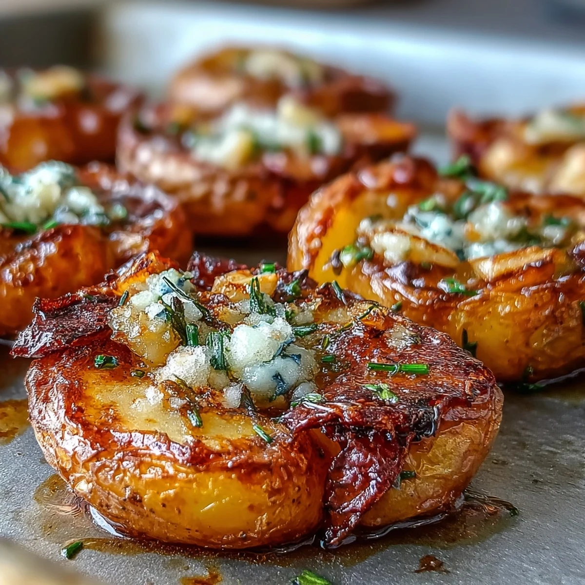 Crispy roasted smashed garlic potatoes with golden edges, fleur de sel and parsley, served as a side dish.