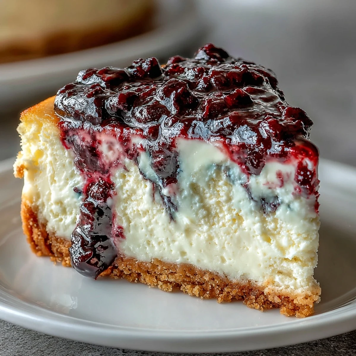 Vue aérienne d'un cheesecake au cassis nappé de coulis de fruits et de crème fouettée