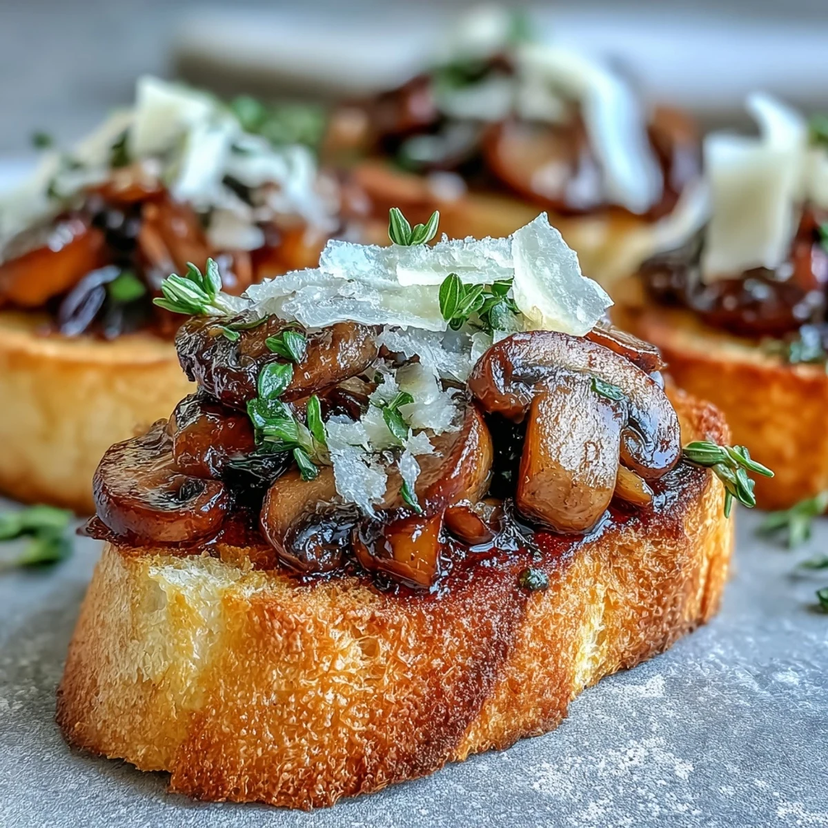 Appétitante assiette de crostini aux champignons sauvages et à l’ail, parfaits pour un apéritif.