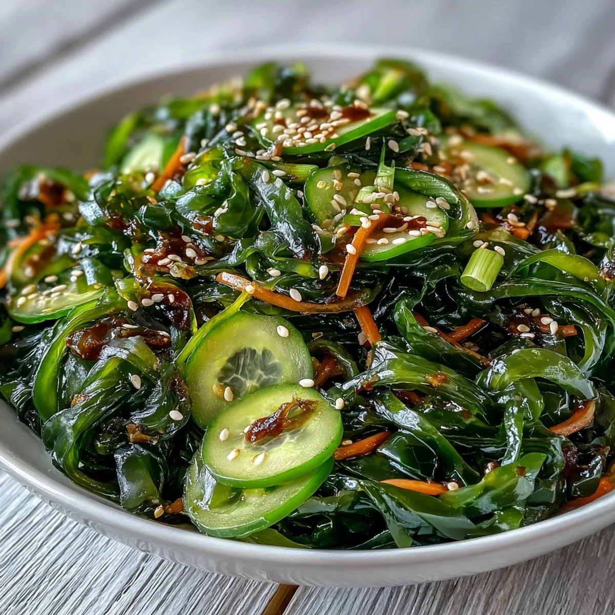 La salade d'algues au ponzu est servie fraîche, garnie de carottes croquantes et d'oignons verts