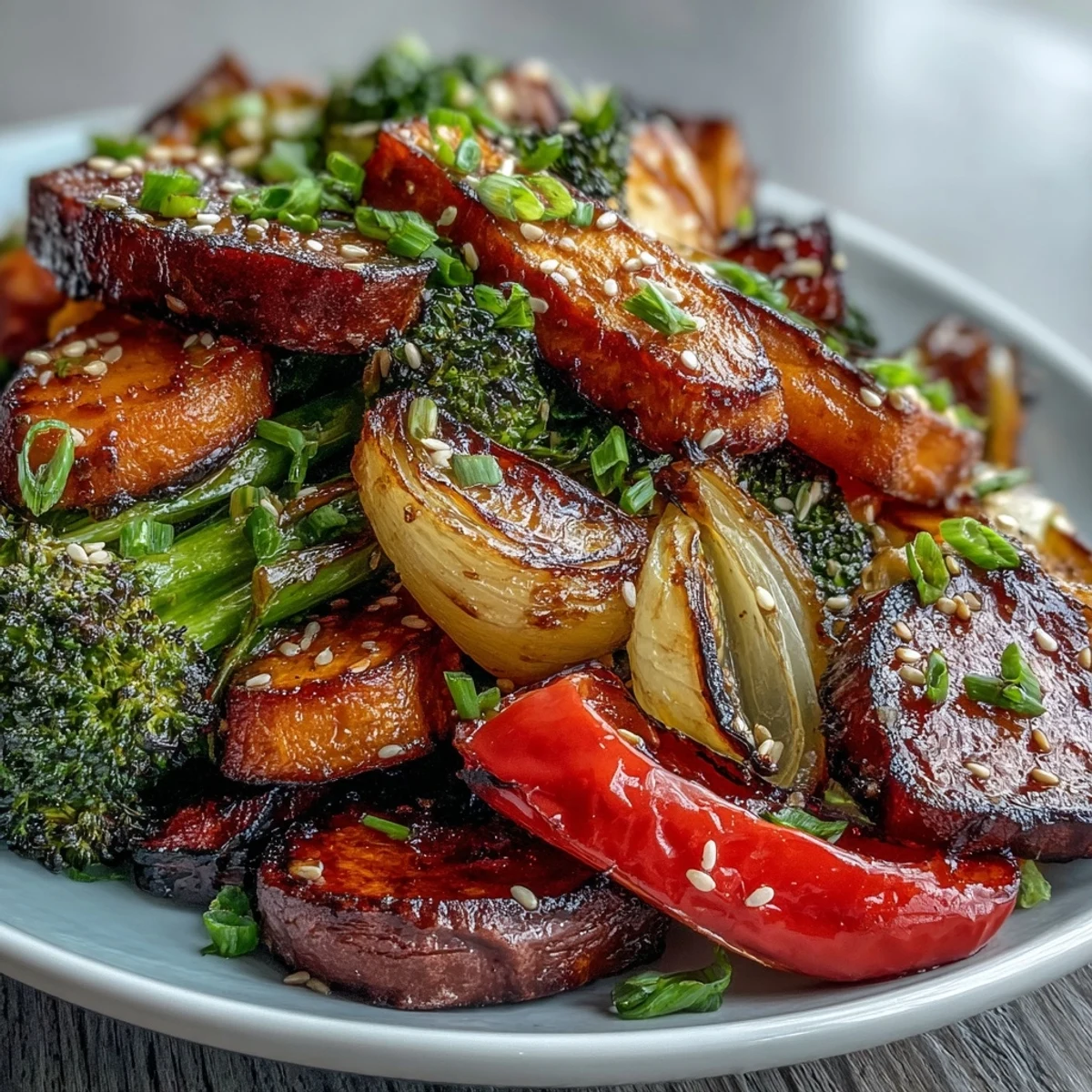 Miso-Butter Roasted Vegetables gorgées de saveurs, caramélisées à la perfection, et servies chaudes sur un plat de récupération.