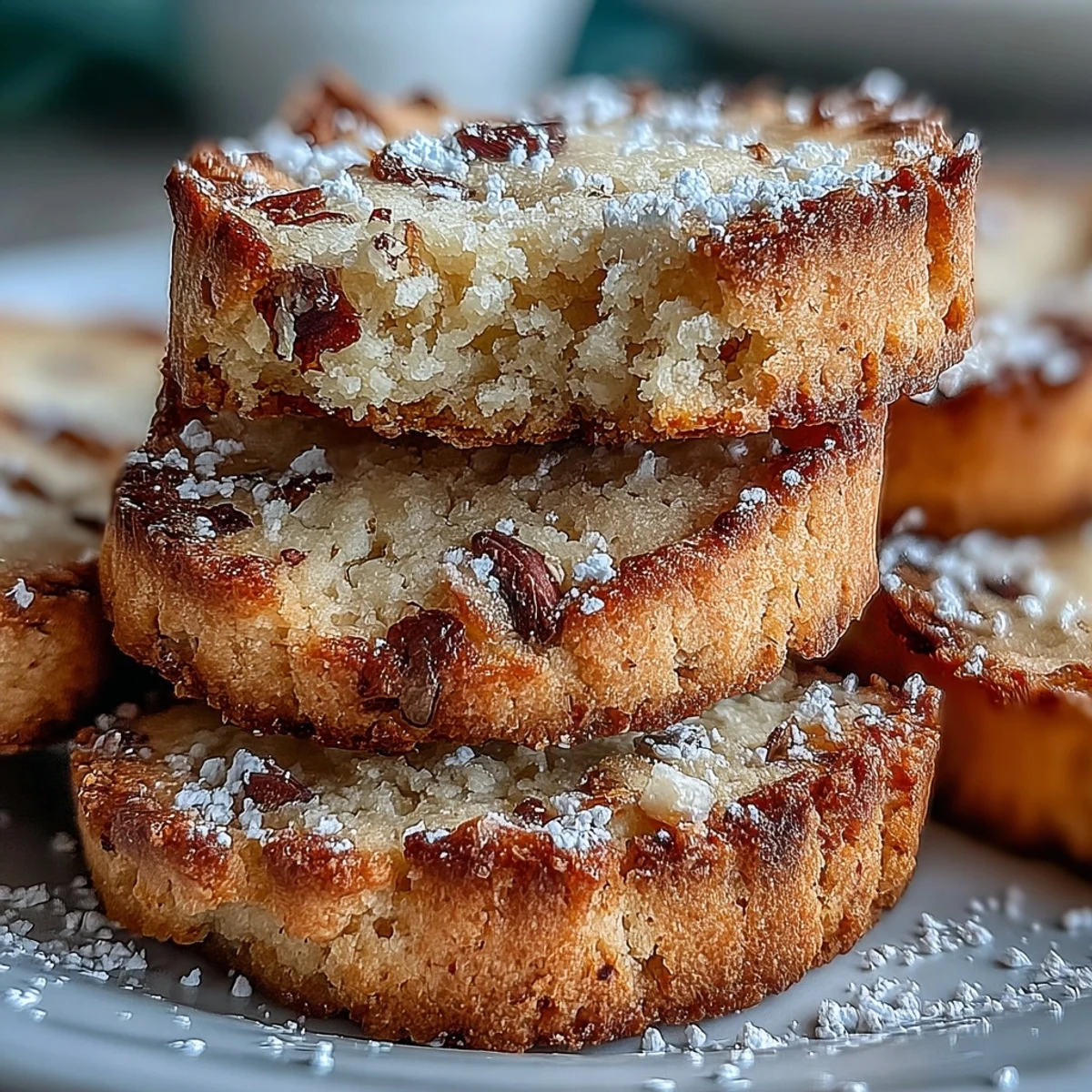 Cardamom Shortbread Cookies croustillantes et buttery, disposées en pyramide sur une nappe à carreaux bleus, prises en gros plan.
