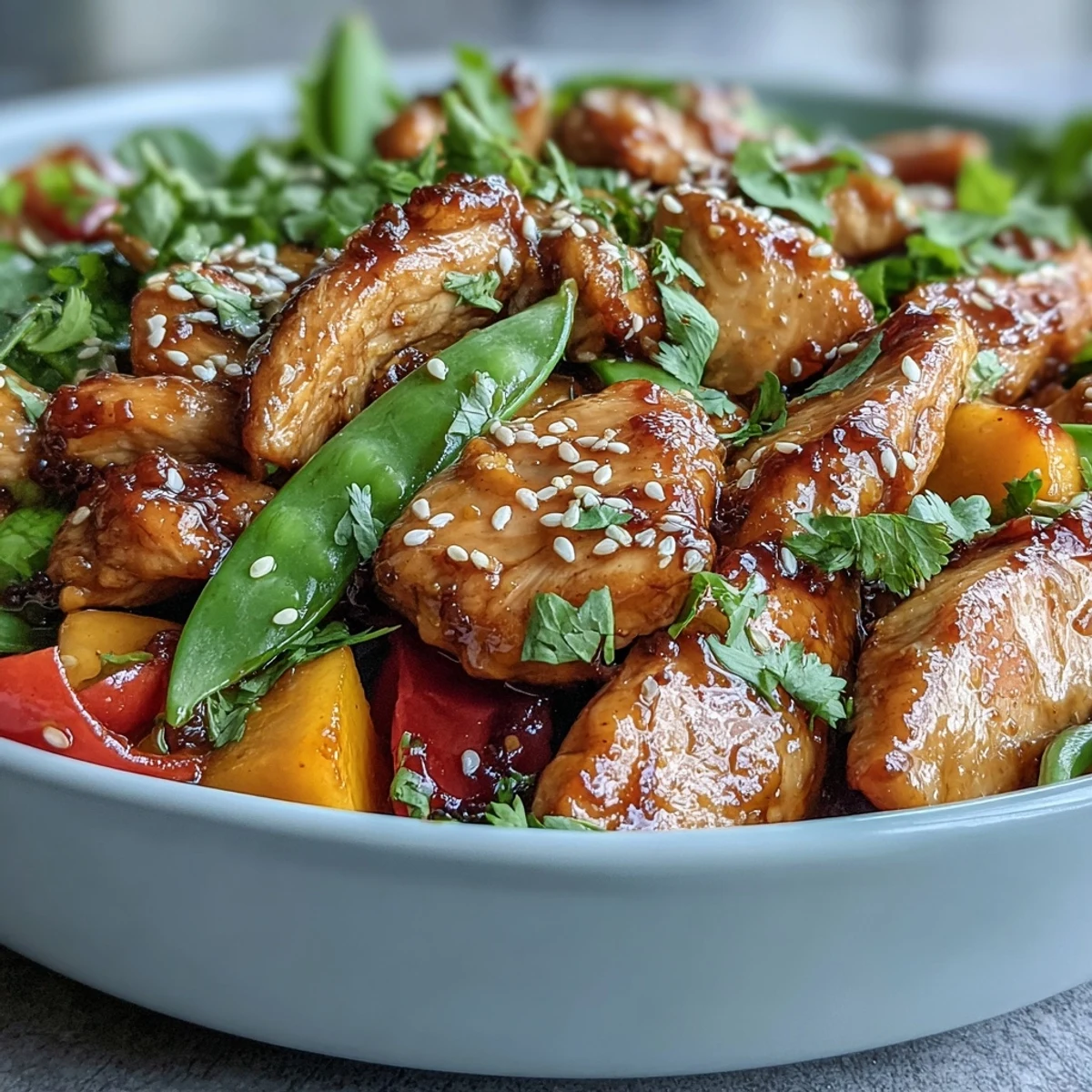 Fresh Mango Turmeric Chicken Stir-Fry with snap peas and peppers piled high over steamed rice at dinner.  