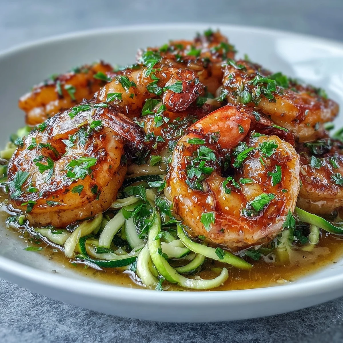 Galeries de crevettes cuites à l'ail et au beurre sur des nouilles de courgette, servies avec du persil frais.